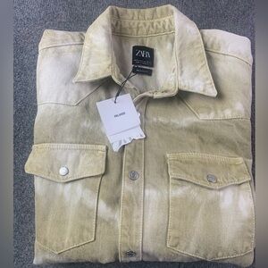 Zara Relaxed Fit Mens 100% Cotton L/S Snap Denim S hacker Size M Beige NWT